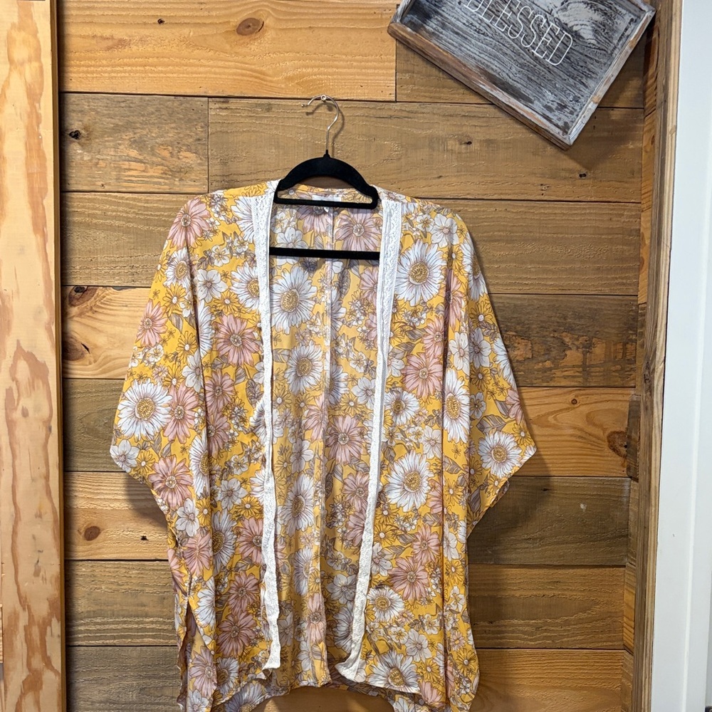 Maurices Floral Kimono Cardigan in Yellow and Pink